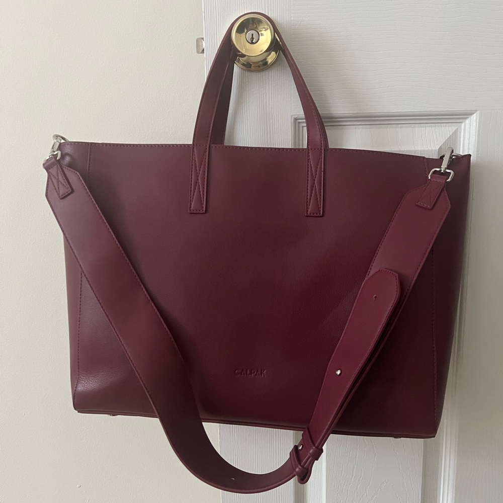 Calpak Burgundy Laptop Tote with Adjustable Strap
